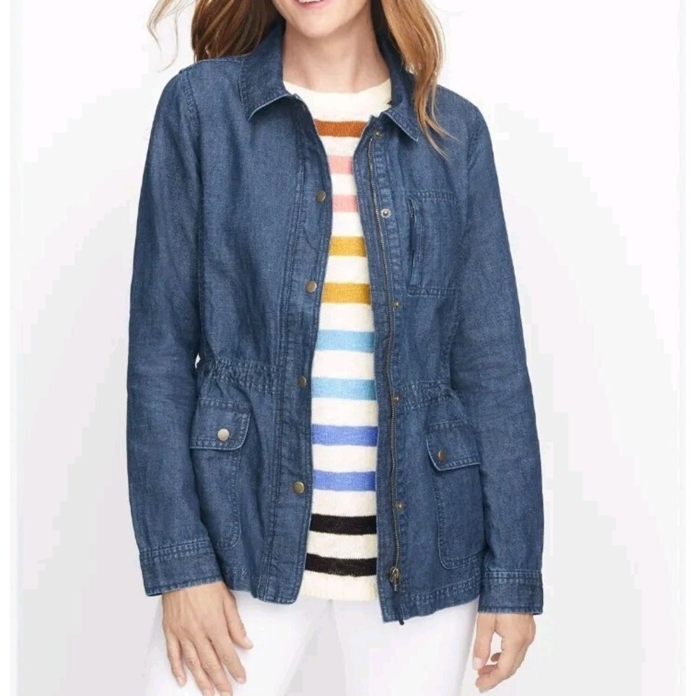 Talbots‎ NWT Womens Safari Jacket Sz 0P-2P Petite Denim Cotton Hemp Full Zip